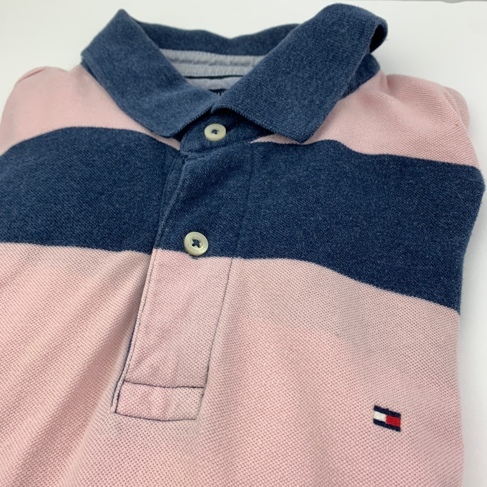 Tommy Hilfiger Stripped Blue Pink Casual Polo Shir - Picture 2 of 4